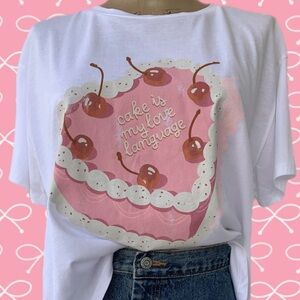 Cropped Tee Pink Heart Cake with Cherries Graphic T-Shirt Size Large NWT